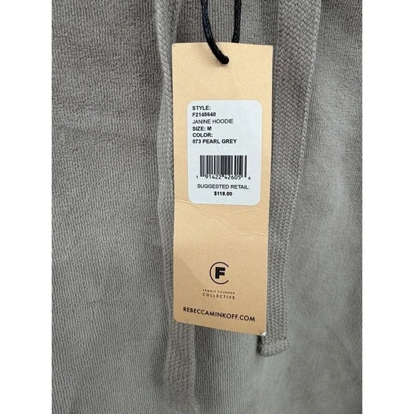 Rebecca Minkoff Size Medium Janine Velour Hoodie Pearl Gray Puff Sleeves New - Picture 6 of 13